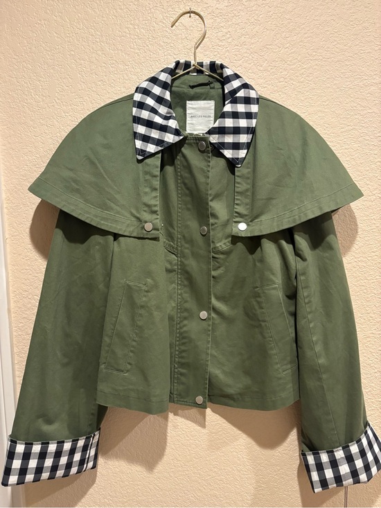 Avec Les Filles Jackets & Blazers - Avec Les Filles Olive Green Cape-Collar Jacket with Black & White Gingham Trim
